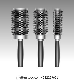 Vector Set of Different Black Metal Plastic Hot Curling Radial Hair Brush Comb Side View Isolated on Background