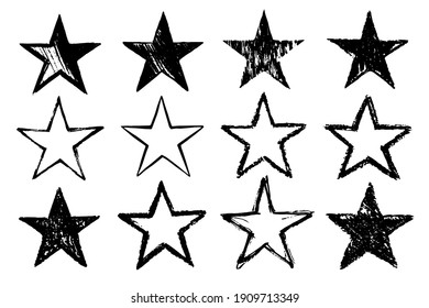 Vector Set of different Black Paint Star Imprints Isolated on White Background. Hand Drawn Grunge Elements.