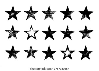 Vector set of different black star imprints isolated on white background. Hand drawn grunge elements.