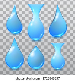 Vector set of different blue dripping water drop isolated on checkered background. Falling clean teardrop. 3D realistic illustration.