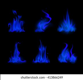 Vector Set of  Different Blue Fire Flame Bonfire Isolated on Background