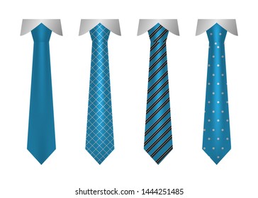 Vector set of different blue ties isolated on white background.