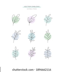 Vector set of different botanical design elements, emblems or logo, badges. Editable stroke, linear style.