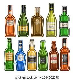 Vector set of different Bottles, 11 full glass containers with colorful premium alcohol drinks various shape, collection cartoon icons of hard liquor bottles for bar menu isolated on white background.