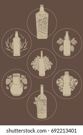 Vector set of different bottles with vegetable elements in circles on brown background