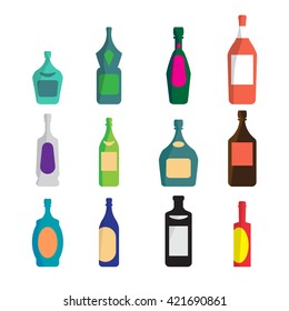 Vector set of different bottles for wine, cognac, liqueur, champagne, martini, vodka, beer, tequila, whiskey. Alcohol assortment of containers. Vector flat cartoon isolated illustration