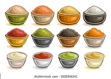 Vector Set of different Bowls, collection of cut out illustrations with healthy cereals in pots, diverse dry herbal spices in dishes, group of hot assorted gravies in small bowls on white background.