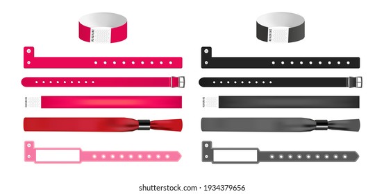 Conjunto vectorial de diferentes brazaletes o pulseras aisladas en rojo y negro. Pulseras con bloqueo de seguridad, mecanismo de cierre de relojes, forma L, papel adhesivo de entrada a mano, pulseras de poliéster de tela.