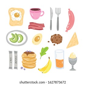 Vector set of different breakfast ingredients and variants. Pancakes, coffee, juice, bacon, eggs, toast, fruits, cookies. Breakfast products. Cartoon style illustration. 