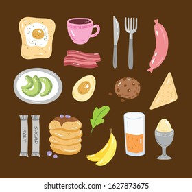 Vector set of different breakfast ingredients and variants. Pancakes, coffee, juice, bacon, eggs, toast, fruits, cookies. Breakfast products. Cartoon style illustration. 