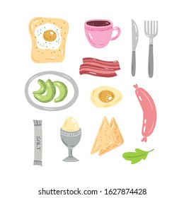 Vector set of different breakfast ingredients and variants. Coffee,  bacon, avocado, sandwich, eggs, toast. Breakfast products. Cartoon style illustration. 