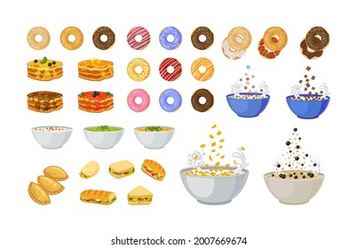 Conjunto vectorial de diferentes desayunos aislados en fondo blanco, ilustraciones coloridas.
