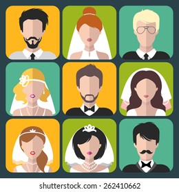 Vector set of the different brides and grooms app icons in trendy flat style