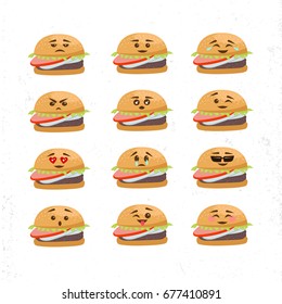 Vector Set Of Different Burger Faces. Smile emoji emoticon face in burger with a lot of variation. Vector emoji burger faces. 