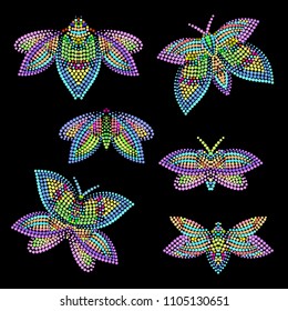 Vector set of different butterflies. Vivid design of small dots for interior decoration, clothing. Colorful tattoo templates.