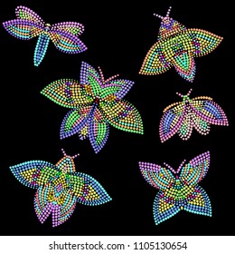 Vector set of different butterflies. Vivid design of small dots for interior decoration, clothing. Colorful tattoo templates.
