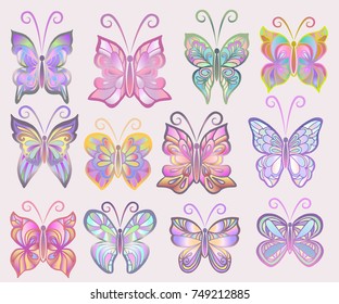 Vector set of different butterflies. Vivid design  for stencils,  interior decoration, clothing. Colorful tattoo templates.