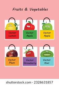 vector set of different cards with funny fruits and vegetables, useful for label designing or kids education. 