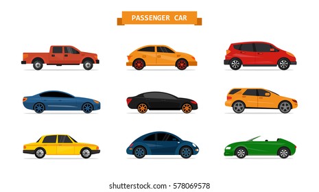 Vector set of different cars isolated on white background. Car icons and design elements. Sedan, pick up, suv, sport car, coupe.