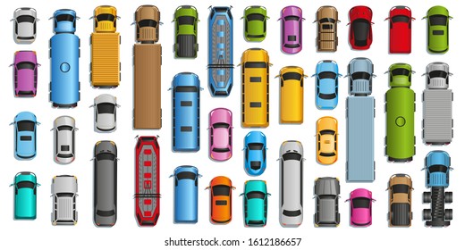 Vector set. Different cars and vehicles. (top view)  City vehicle transport icons set. Automobile car for transportation. Auto car vector illustration.