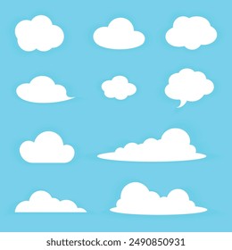 Vector set of different cartoon clouds in a flat design. Collection of Simple white cloud illustrations. Simple White Cloud on blue sky.