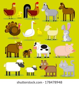 Vector Set Of Different Cartoon Farm Animals Isolated