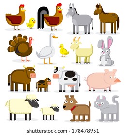 Vector Set Of Different Cartoon Farm Animals Isolated