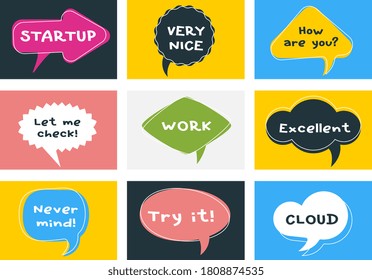 Vector set of different cartoon geometric bubble speech with text. Flat style creative illustration design of communication cloud