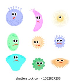 Vector Set of Different Cartoon Microbes Isolated on White Background. Pandemic Colored Bacteria. Dangerous Bad Viruses. Germs Bacterial Microorganism. Bacterium Monsters