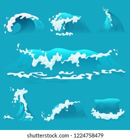 Vector set of different cartoon sea or ocean waves with foam.