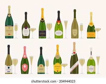 Vector set of different champagne bottles with glasses