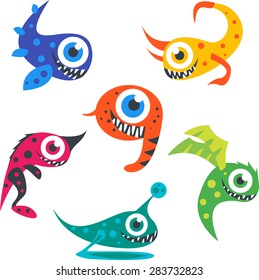 Vector set of different characters isolated cute cartoon monsters and aliens on white background