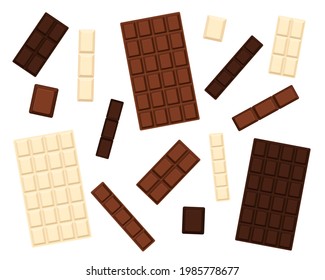 Vector set of different chocolate bars. Sweets in a cartoon style. White, milk, bitter chocolate isolated on white background

