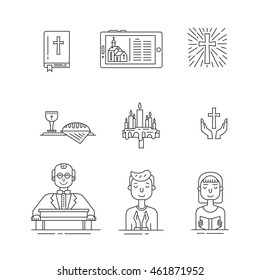 Vector set of different christianity icons. Priest, bible, cross, people pray, smartphone with church on the screen, wine and bread, candles isolated on white. Religion icons.