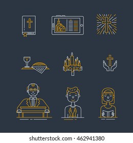 Vector set of different christianity icons. Priest, bible, cross, people pray, smartphone with church on the screen, wine and bread, candles isolated on white. Religion icons.