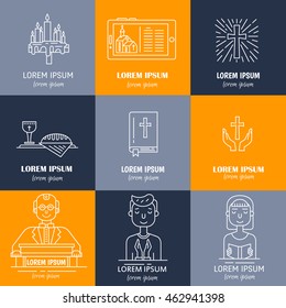 Vector set of different christianity icons. Priest, bible, cross, people pray, smartphone with church on the screen, wine and bread, candles isolated on white. Religion icons.