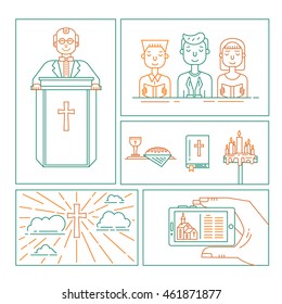 Vector set of different christianity illustration. Priest, bible, cross in clouds, congregation, hand holding smartphone, wine and bread, candles isolated on white. Religion icons.