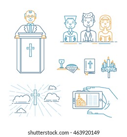 Vector set of different christianity illustration. Priest, bible, cross in clouds, congregation, hand holding smartphone, wine and bread, candles isolated on white. Religion icons.