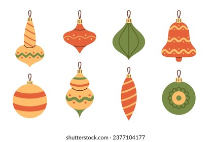 Vector set of different Christmas baubles and decorations in red, green and yellow colors. Retro Christmas ornaments and balls stickers in flat design. Happy New Year and Merry Christmas.