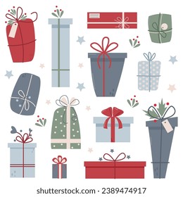 vector set with different christmas color gifts with decor