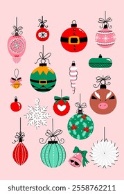 Vector set of different Christmas ornaments, bells and snowflakes isolated on the background. Hand drawn holiday elements