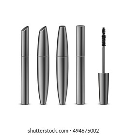 Vector Set of Different Closed Black Realistic Mascara in Dark Shiny Tubes with Brush Isolated on White Background