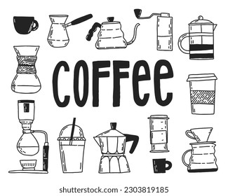 Vector set of different coffee shop equipments. Hand-drawn items for making coffee. Vector doodles