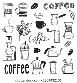 Vector set of different coffee shop equipments, coffee beans and branch. Hand-drawn items for making coffee. Vector doodles