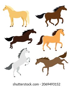 Juego de vectores de diferentes colores de caballo de dibujos animados planos posa aislado sobre fondo blanco