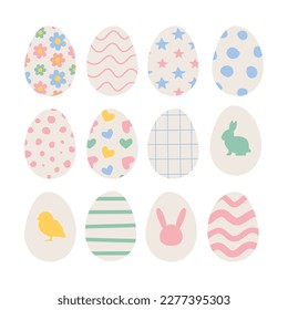 Vector set of different color hand drawn flat Easter egg isolated on white background