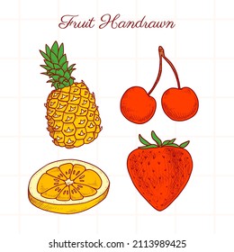 vector set of different color hand-drawn fruit illustrations (pineapple, cherry, lemon strawberry)