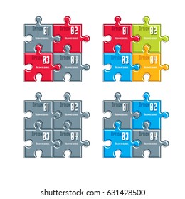 Vector set of different color infographic compositions with puzzle elements, layout of jigsaw puzzles for visual presentation of options.