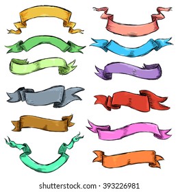 Vector Set of Different Color Sketch Ribbons for Your Text. Yellow, Red, Pink, Blue, Green, Gray, Purple, Brown, Turquoise, Orange.