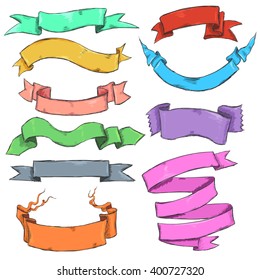 Vector Set of Different Color Sketch Ribbons for Your Text. Yellow, Red, Pink, Blue, Green, Gray, Purple, Turquoise, Orange.